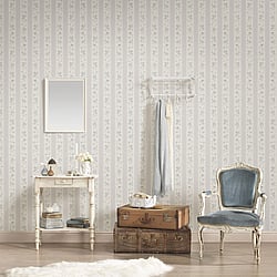 Galerie Wallcoverings Product Code: MC61055 - Maison Charme Wallpaper Collection Galerie Wallcoverings Product Code MC61055 - Maison Charme Wallpaper Collection - Blue, Grey, White Colours - If you're after a romantic vintage floral design - look no further. Not only does this beautiful design feature endless upward bouquets of country roses; in a wide stripe motif the design also combines a cute polka dot with an intricate lace overlay for a true trip down memory lane - in rose tinted glasses! Design