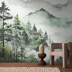 Galerie Wallcoverings Product Code WH45264M - Welcome Home Murals Wallpaper Collection - Grey, Green, White Colours - Misty Mountain Pines Design
